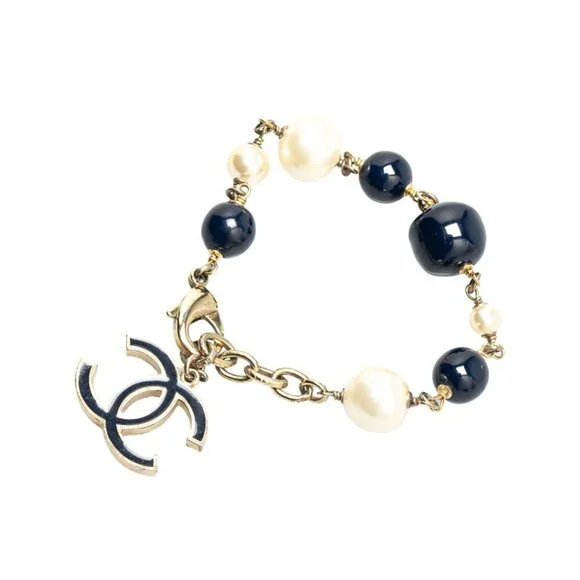 CHANEL Authentic Black Pearl Logo Charm Bracelet - Picture 2 of 6